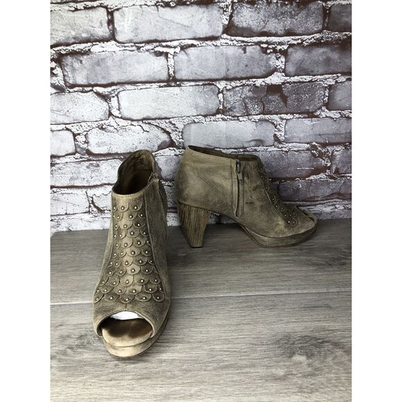 Calleen Cordero Green Leather Peep Toe Booties Stud Wood Heel Western Women 7.5M - Picture 3 of 16